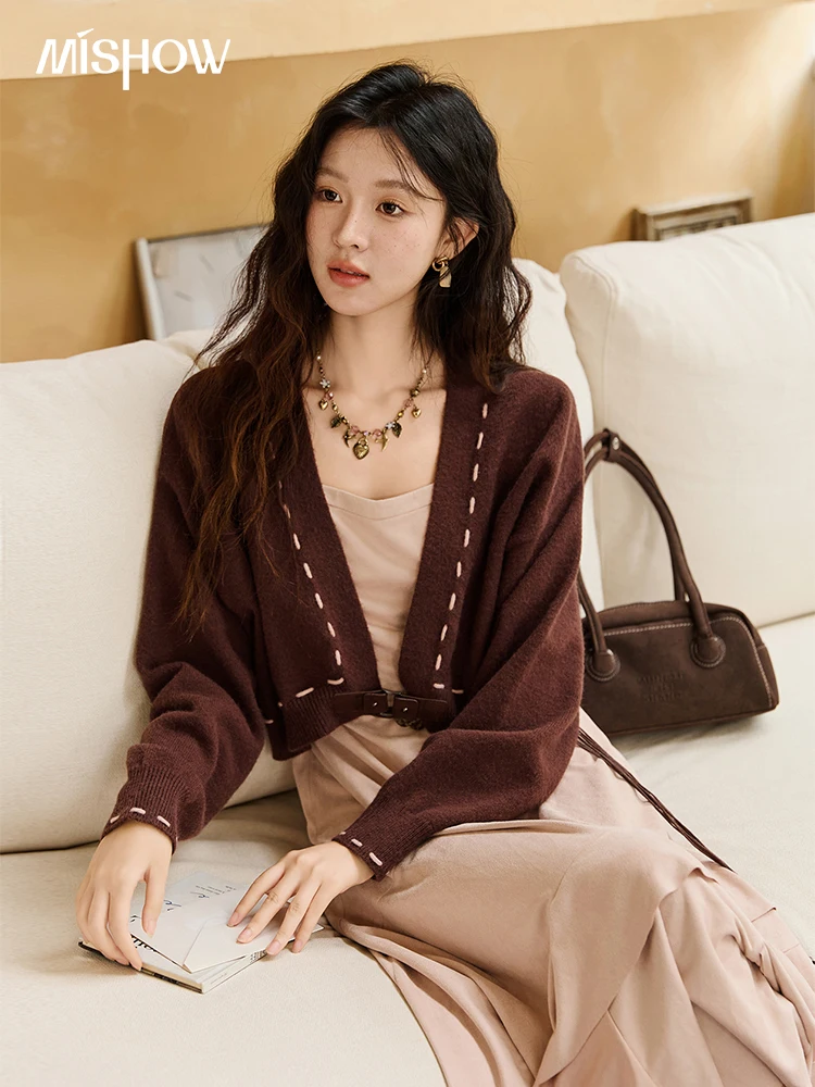 

MISHOW Knitted cardigan camisole Dress Two-piece Set Autumn Frosted Velvet Retro Top Contrasting Design Dress Sets MXE47T1382