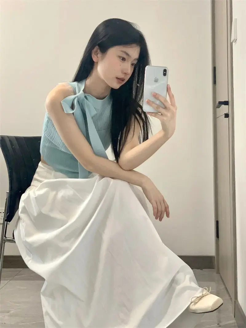 

2 Piece Skirt Set Women New French Elegant Style High-end Advanced Temperature Fashionable Thin Knitted Vest and A-line Skirt