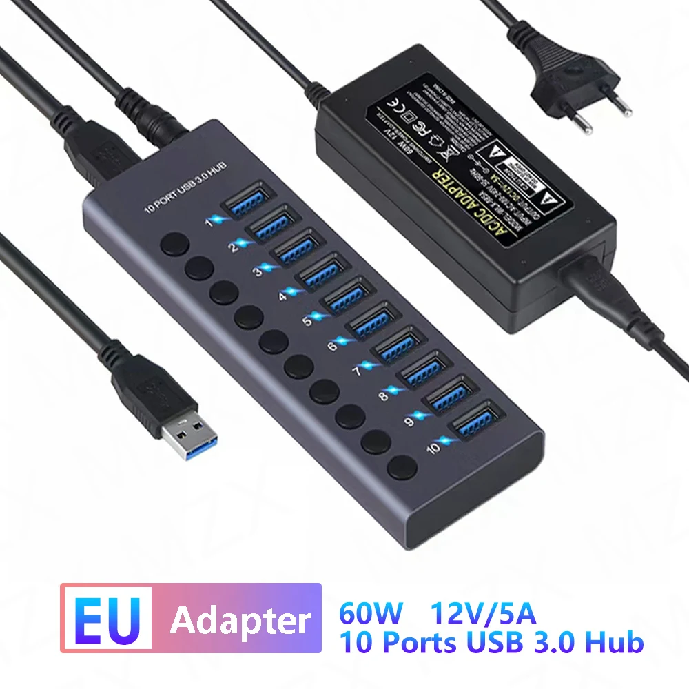 USB 3.0 Hub Socket Switch 10 Port Concentrator Multi-tap Multi-ports Docking Station Charger Multiple Power Supply