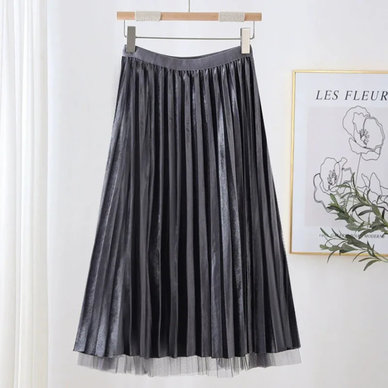 Jupes plissées Vintage en velours doré pour femmes, vêtements Double face, taille haute, longue, nouvelle collection automne, jupes mi-longues en maille polyvalentes