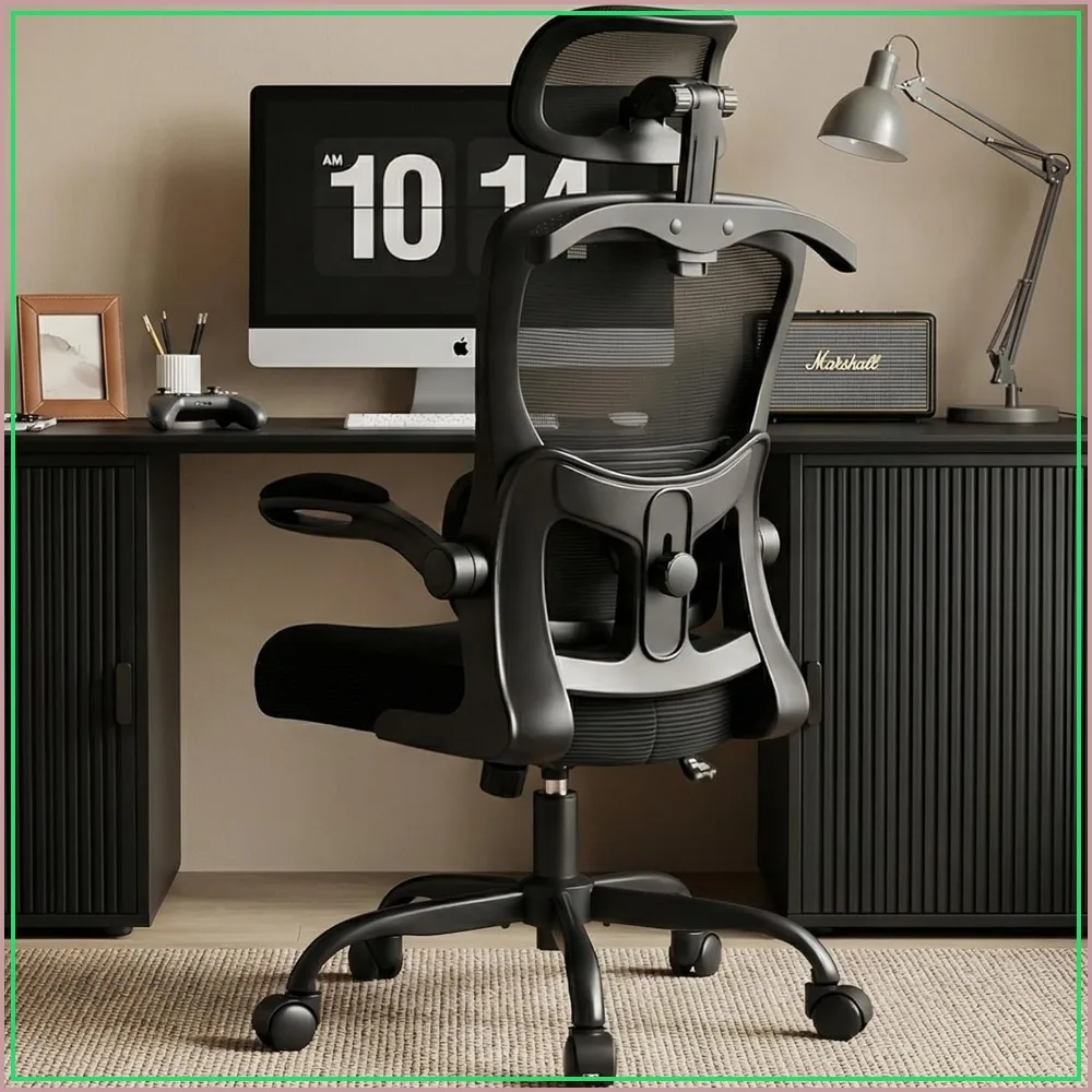 mesh office chair ergonomic, flip-up arms, hidden hanger, 2D headrest, adjustable lumbar