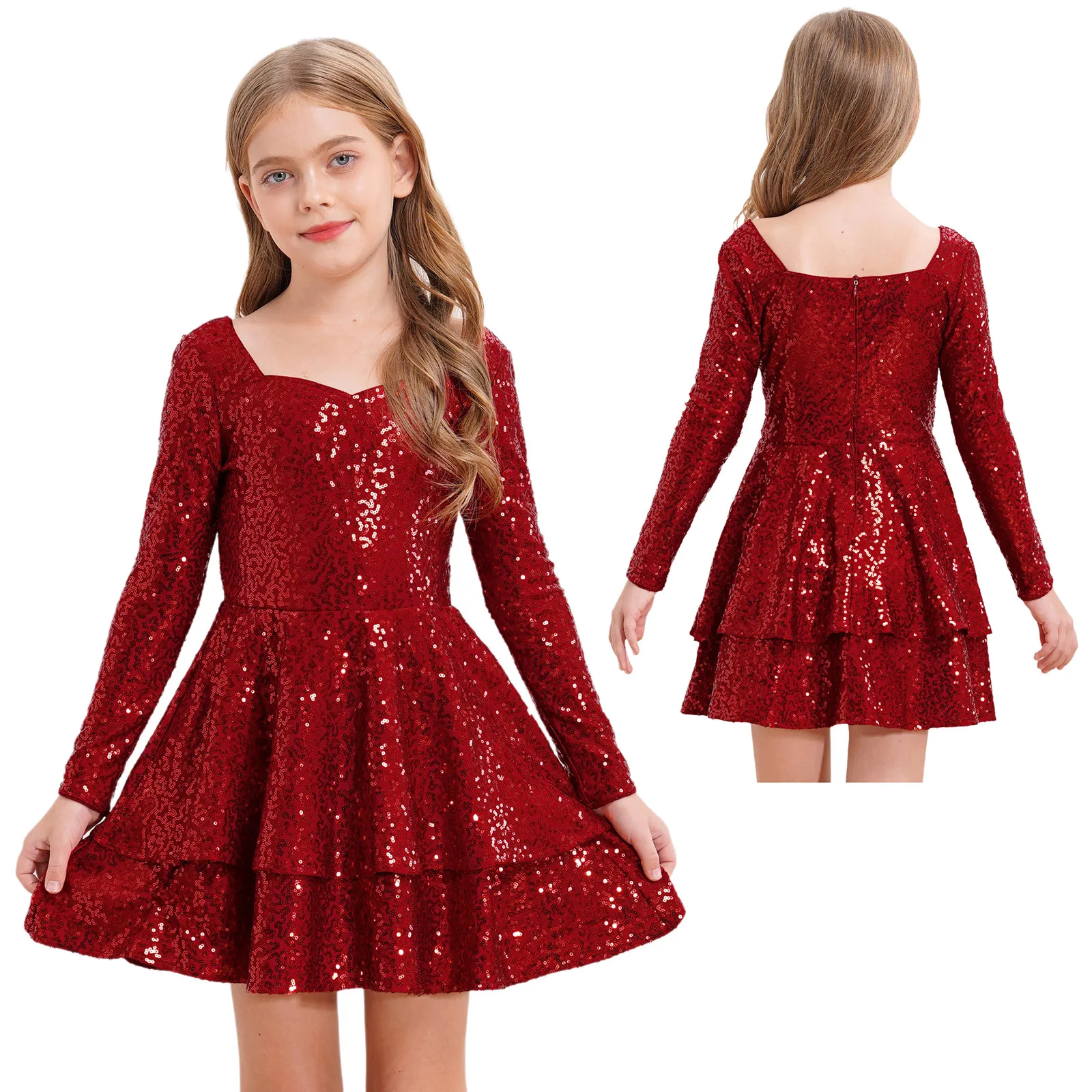 New style Sequin Wedding Dress for Girls 6-16 years Long Sleeve Double Layer Ruffle Princess Dress Party Performance Clothes