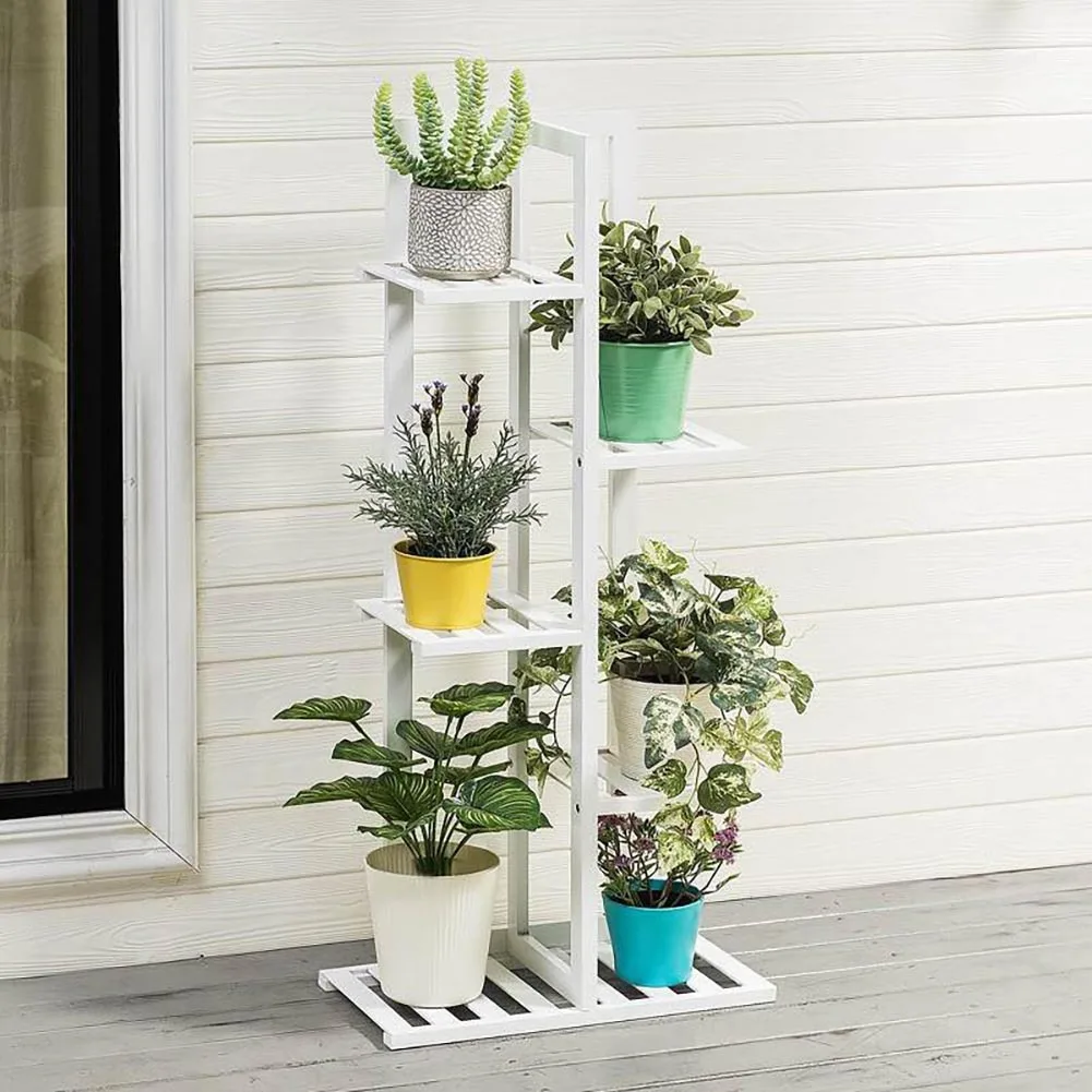 Rustic Wooden Multi-Tiered Potted Plant Stand High and Low Shelf Design for Indoor and Outdoor Use