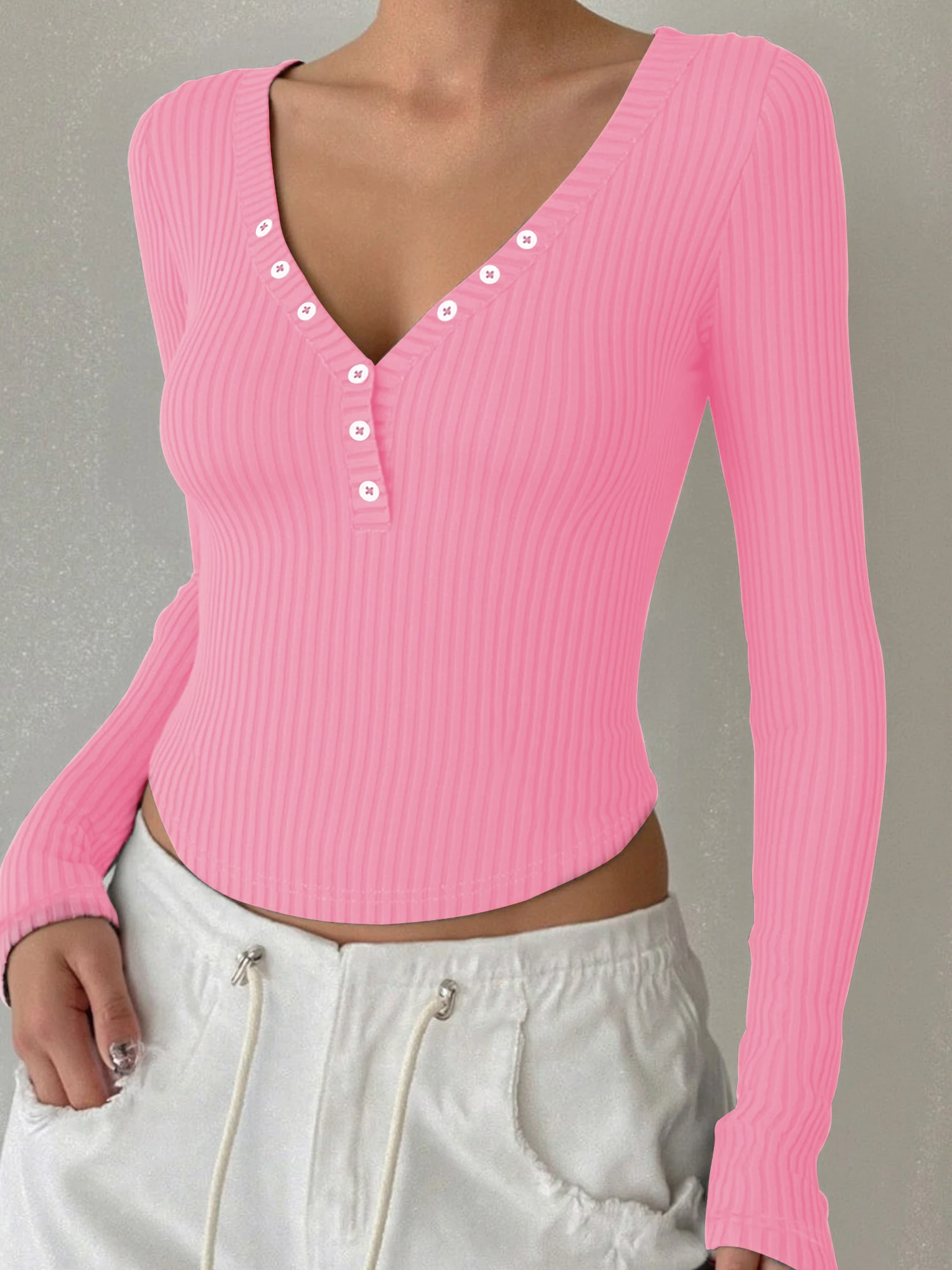 Blusa elegante con contorno acanalado, top de manga larga con cuello en V y medio botón para reuniones informales después del trabajo y paseos nocturnos