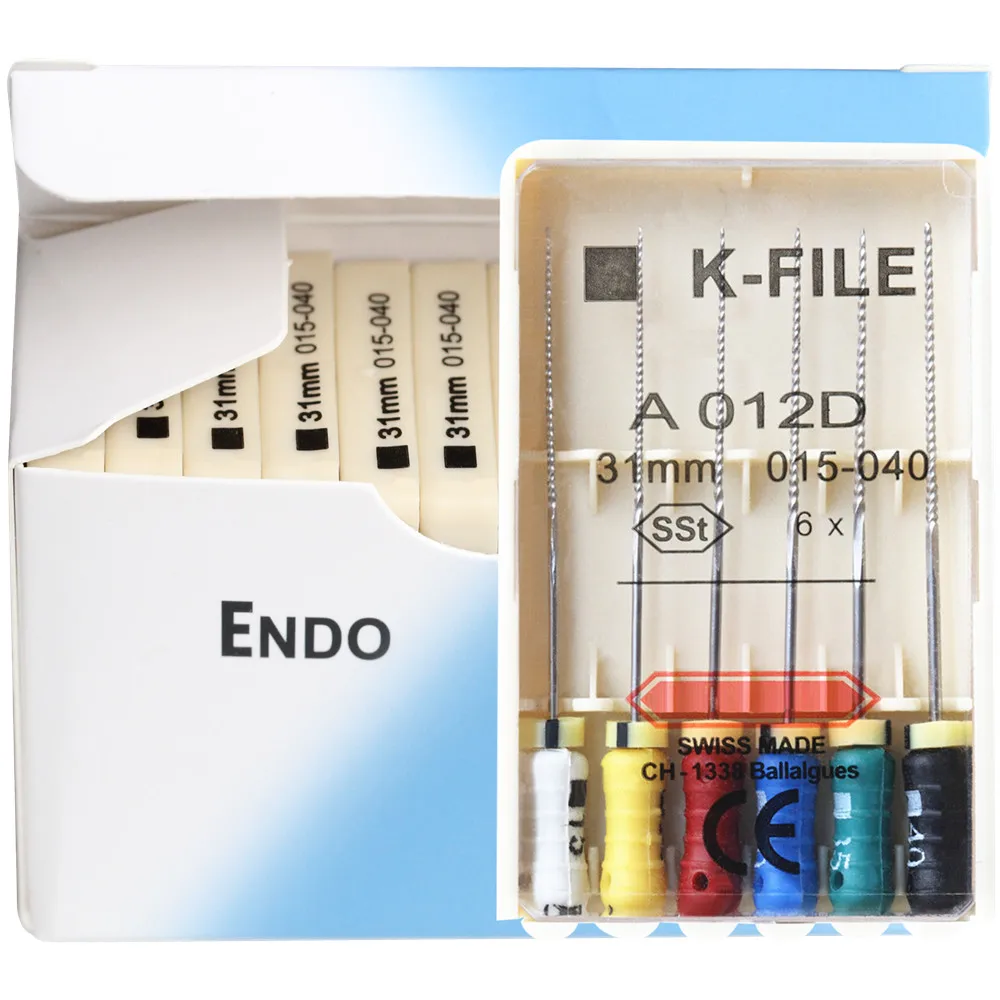 Outils de K-FILE dentaire en acier inoxydable, canal radiculaire Endo, limes K, utilisation manuelle, dentiste endodontique, instruments de laboratoire, 10 paquets par boîte, 21mm, 25mm, 31mm