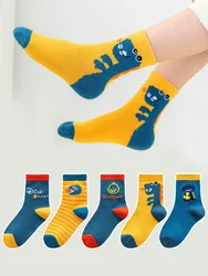 5 Pairs of Kidsren's Socks for All Seasons, Spring and Summer Cartoon Big-Headed Dragon Dinosaur Socks for Boys and Girls, Mid-Calf Socks for Autumn and Winter, Baby Socks