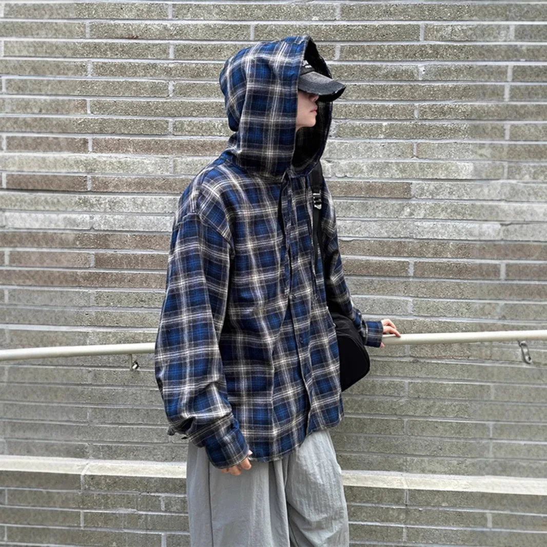 American Vintage 2025 New Fashionmen's Blue Color-coded Plaid Casual Trendy Loose Long Sleeve Hooded Shirts Male Clothes Coats