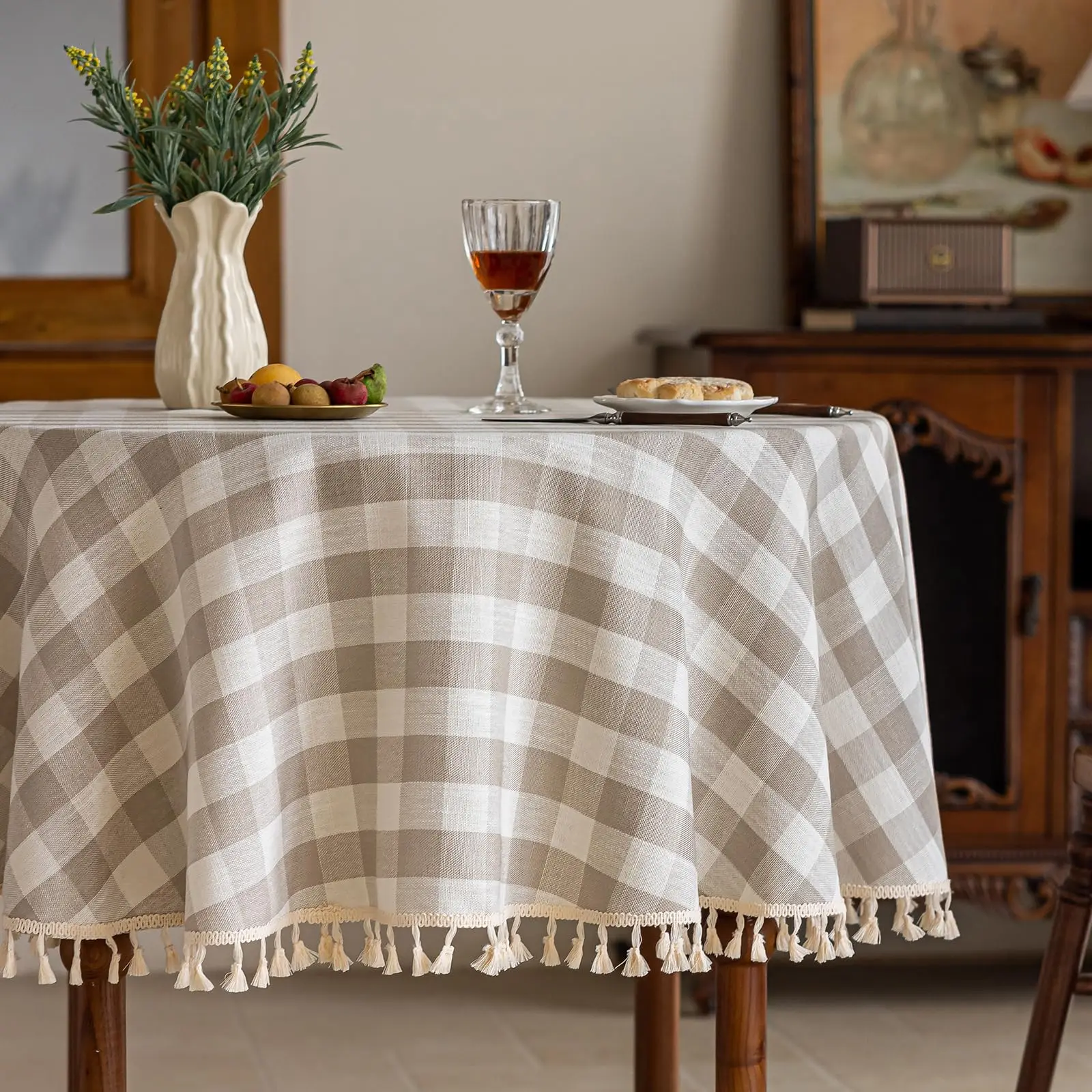 Gingham Tablecloth Round/Rectangular, Outdoor Washable Checkered Plaid Table Cloth Cotton Linen Fabric Summer Picnic Party