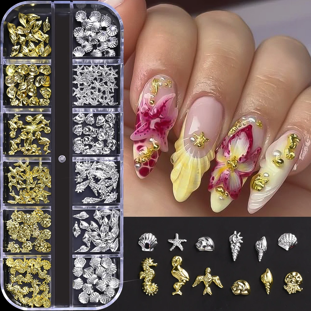 

12Grids Ocean Series Metal Nail Decoration 3D Gold/silver Shell Starfish Octopus Nail Charms DIY Summer Beach Nail Accessories