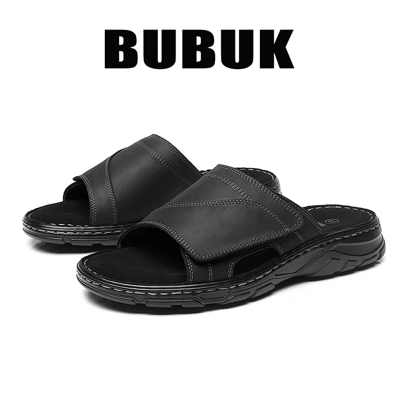 

Мужские шлепанцы из натуральной кожи с открытым носком, дышащие, для улицы и пляжа, удобные, нескользящие, повседневные, подходят для любого случая.