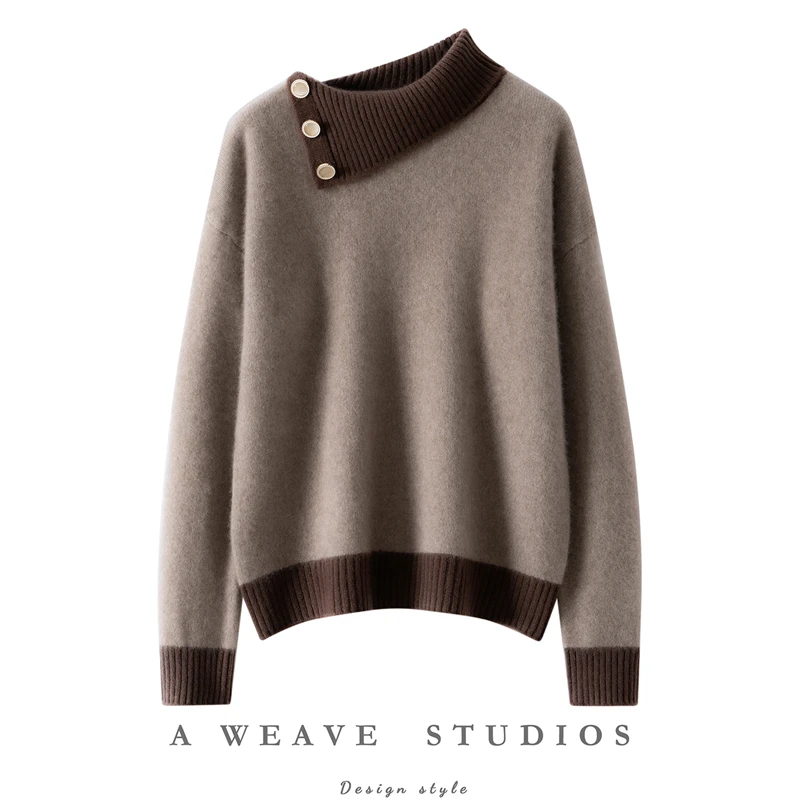 

100% Cashmere Sweater irregular Turn-down Collar Side Button Pullover Women Color Blocking Thicken Loose Knitwear Autumn Winter