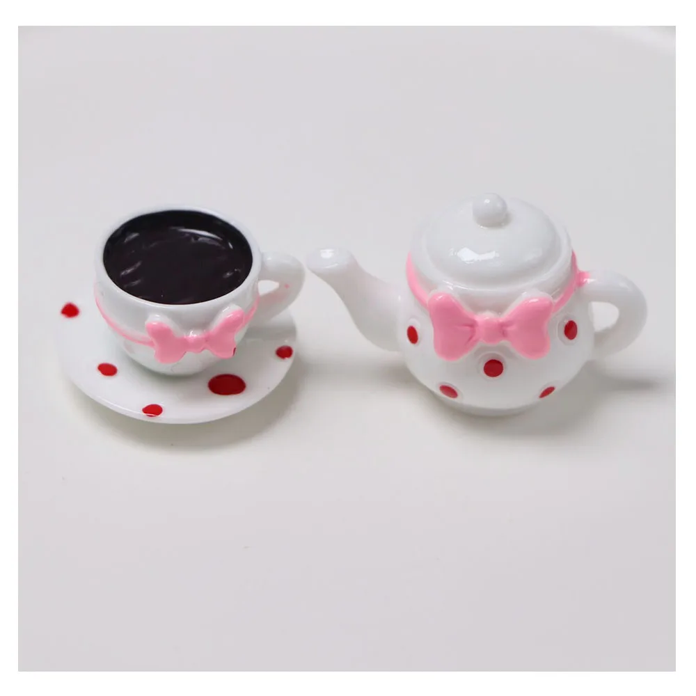 Simulation Polka Dot Teacup Teapot Resin Flatback Cabochon Micro Landscape Dollhouse Kitchen Decoration Diy Accessories