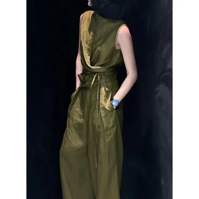 2024 Summer Design Sense Fashion Set New Chinese Style Chinese Style Pan Button Green Vest Wide Leg Pants Two Piece Set