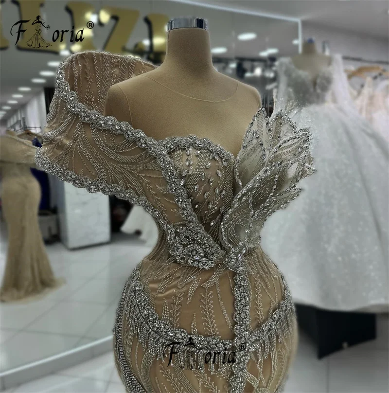 Luxo champanhe sereia vestido de festa formal com borlas de cristal prata mulher árabe apliques folhas 3d vestidos de noite de casamento