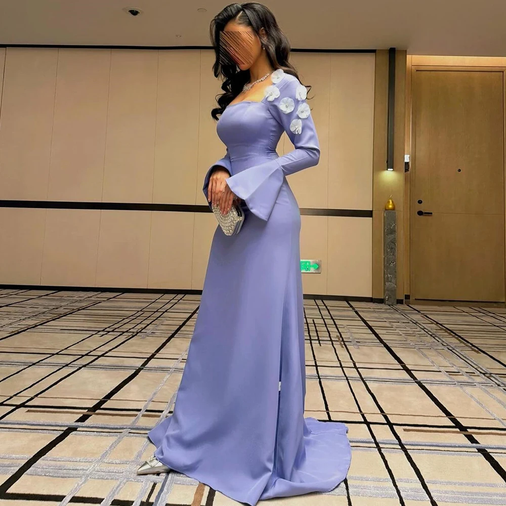 Light Purple Jersey Formal Evening Dress Saudi Arabia Elegant Square Collar Prom Gowns with Long Sleeves and 3D Flowers Custom