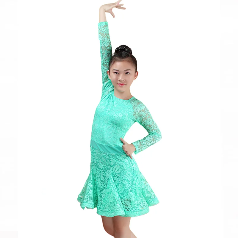 Girls Lace Ballroom And Latin Dance Dresses For Sale Cha Cha Rumba Samba Jive Long Sleeves Children Teen Latino Dress