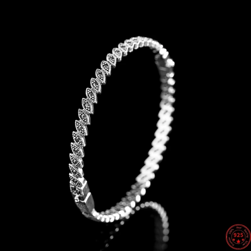 Genuine S925 Sterling Silver Bracelets for Women Men New Fashion Ear of Wheat Marcasite Can Opening Bangle Jewelry Wholesale