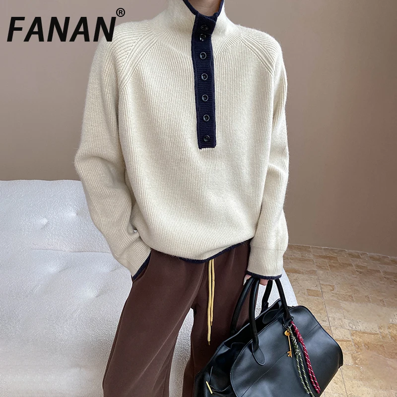

FANAN Contrast Color Spliced Woolen Sweater For Women Turtleneck Long Sleeve Thick Warm Tops Female Clothing Winter New 2025