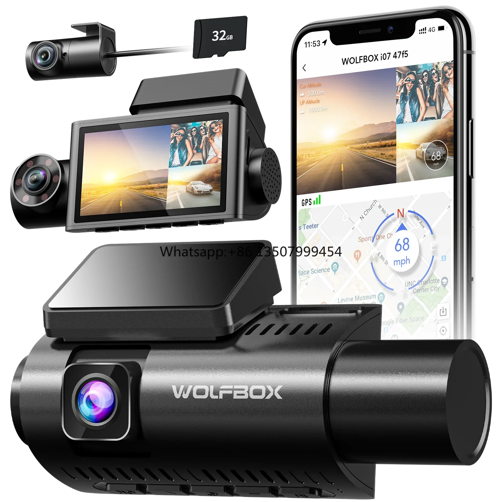 

Видеорегистратор Wolfbox I07 4K с передней и внутренней камерами, 3-канальный, 1080p, с GPS и Wi-Fi