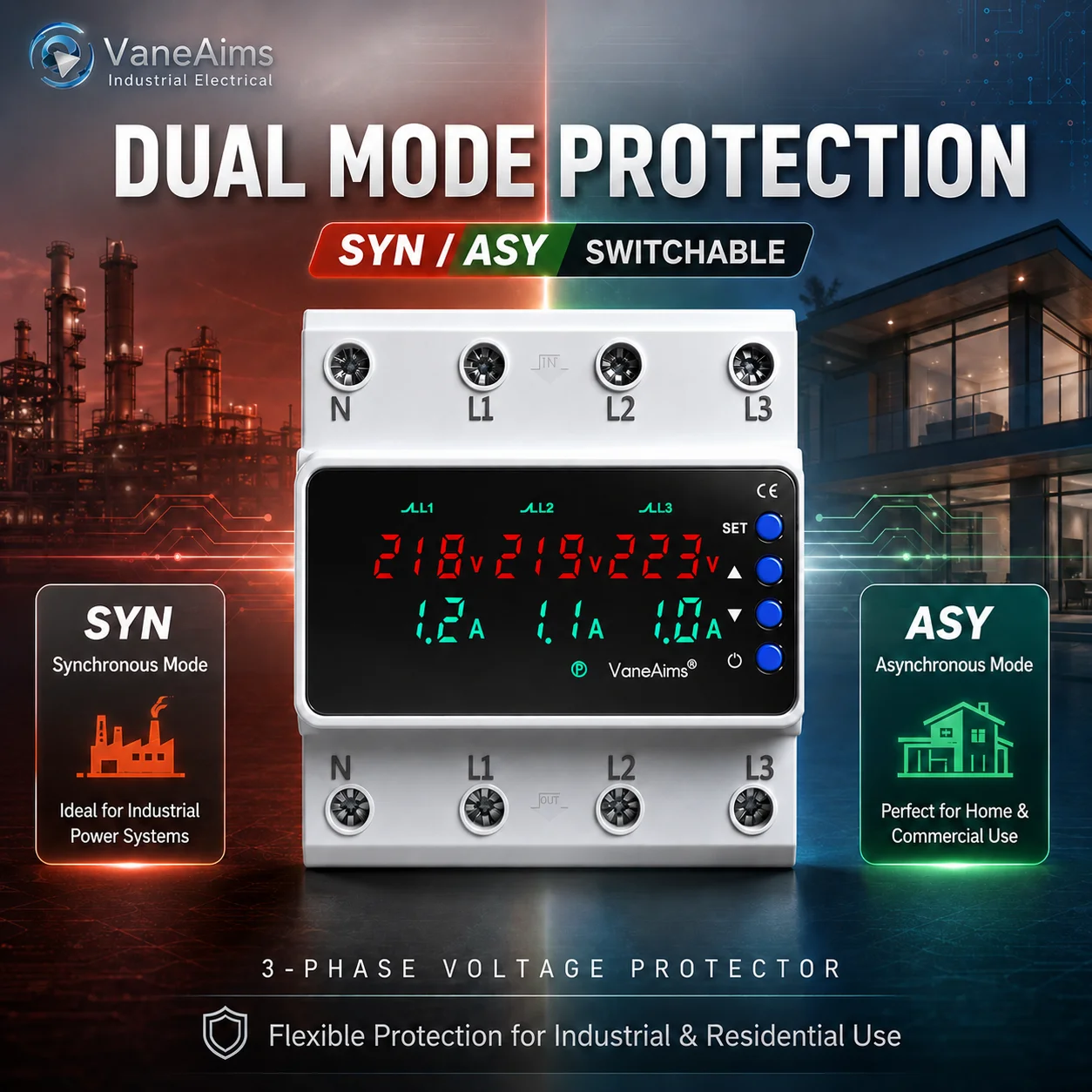 3 Phase 380V 63A 100A Adjustable PV Over/Under Voltage Protector Relay Din Rail Mount Missing Phase Zero Break Protection Relay