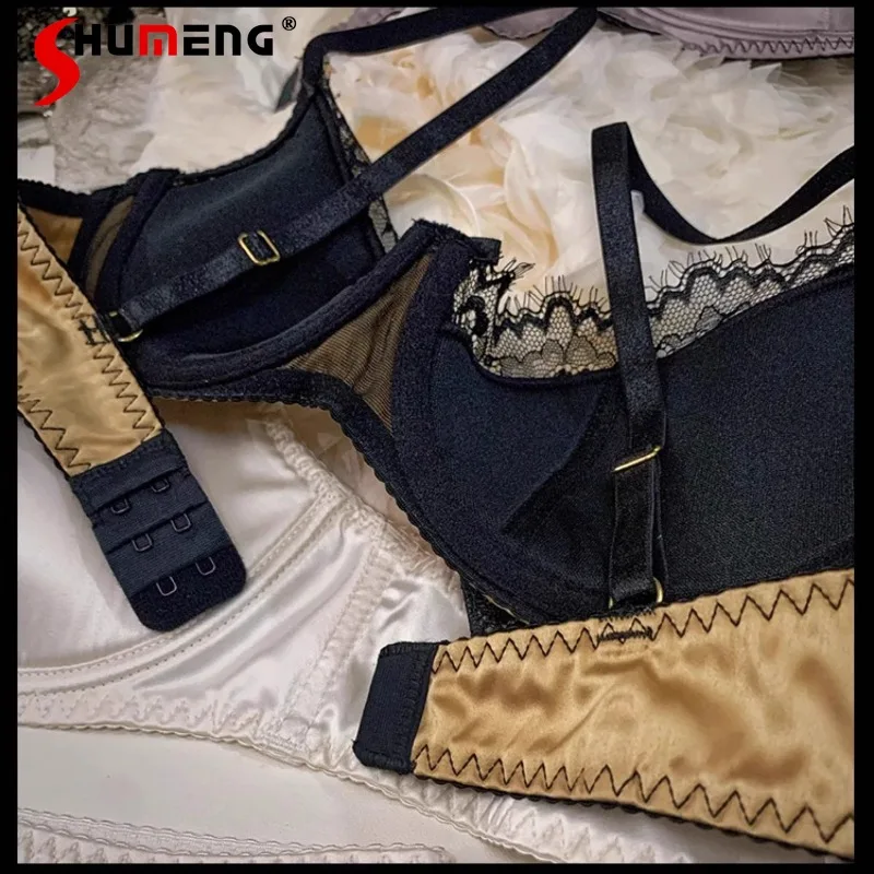 French Satin Lace Bra Set for Women Chest Push Up Anti Sagging Sexy Intimates Outfits Female All Seasons Big Chest Brief Suits