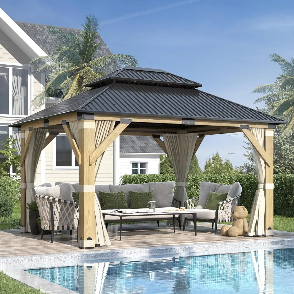 

11’x13’ Outdoor Wooden Gazebo, Patio Galvanized Steel Wood Gazebo with Privacy Curtains and Netting, Vented Double Roof Hardtop