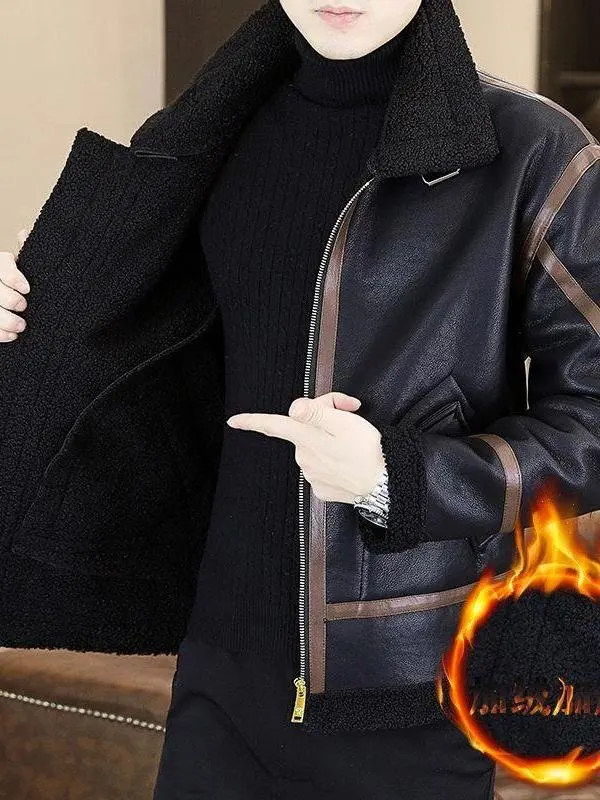 

Men's Fce Lined Thiened Slim Fit Warm Leather Jaet Winter Outerwear Faionable Busin Casual ort Sle V-Ne