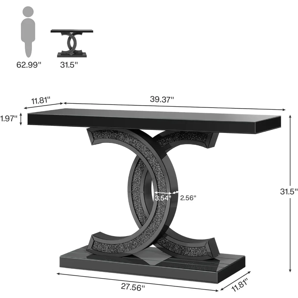 Modern  Entryway Table with Sparkling Crystal Inlays, 39-inch Glass Sofa Table Hallway Table with Mirror Finish for Entrance