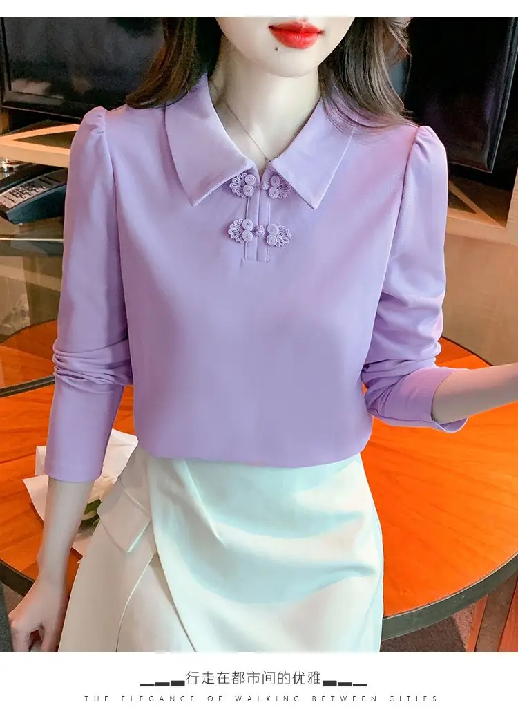 เสื้อยืดคอปกโปโลสไตล์จีนสําหรับผู้หญิงแขนยาวฤดูใบไม้ร่วงและฤดูหนาวเสื้อฐานใหม่