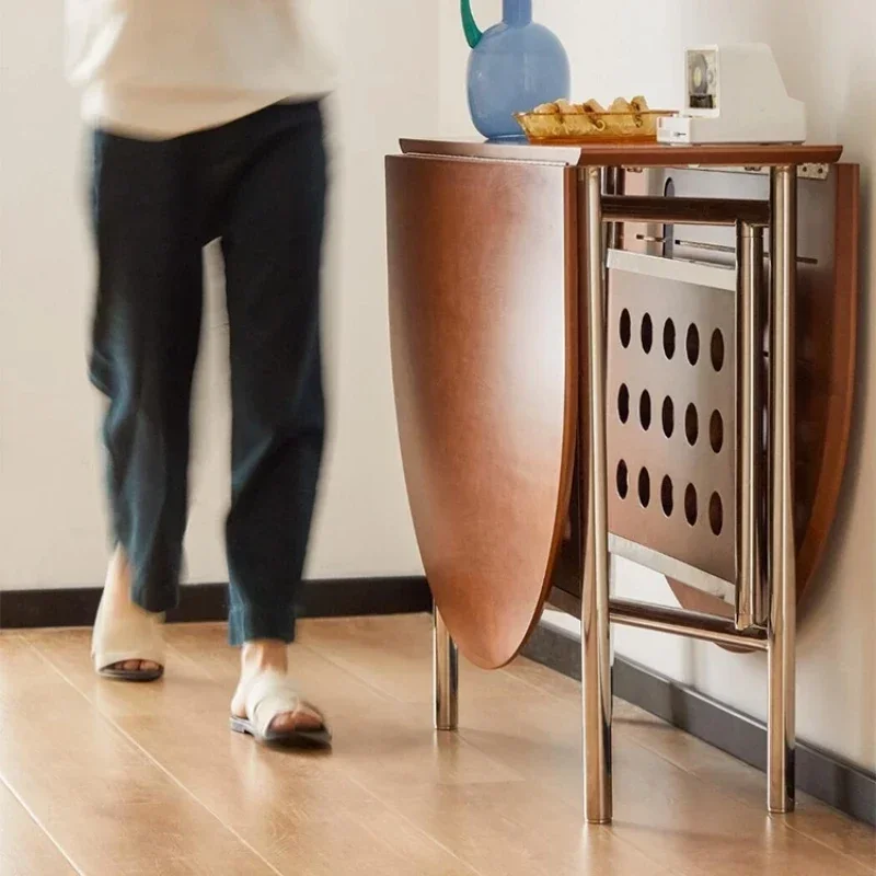 

Home 304 Stainless Steel Solid Wood Folding Retractable Oval Dining Table Portable Corner Tables Dining Room Furniture Round