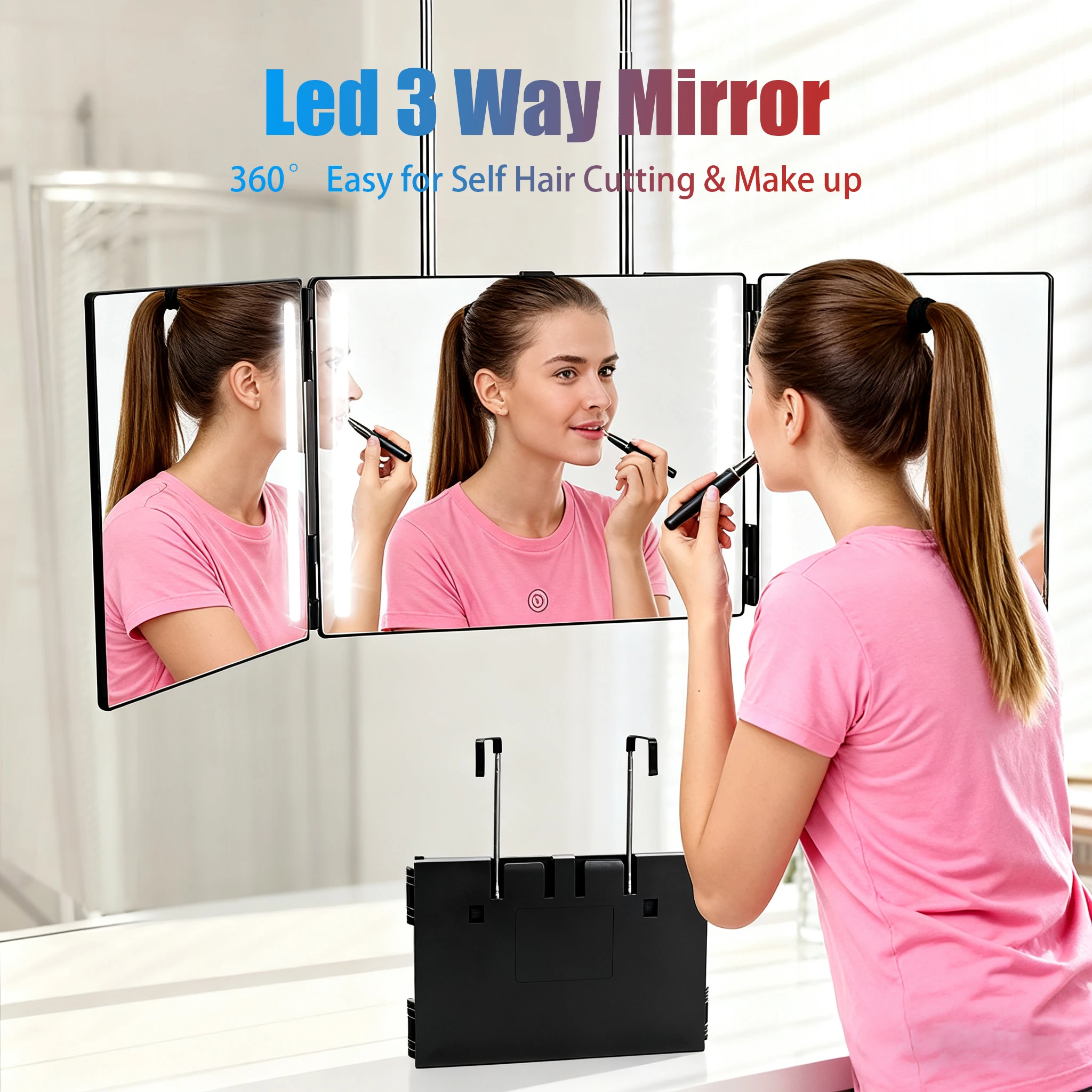 

360 ° Тройное зеркало для стрижки волос — светодиодная перезаряжаемая конструкция с регулировкой яркости для самостоятельной стрижки и макияжа