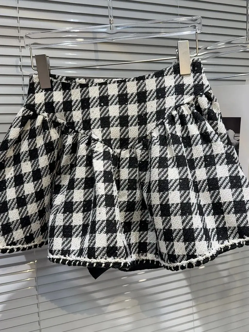 HIGH STREET Newest 2024 Designer Runway Suit Set Women\'s Black White Checkered Large Bow Short Jacket Ruffle Mini Skirt Suit