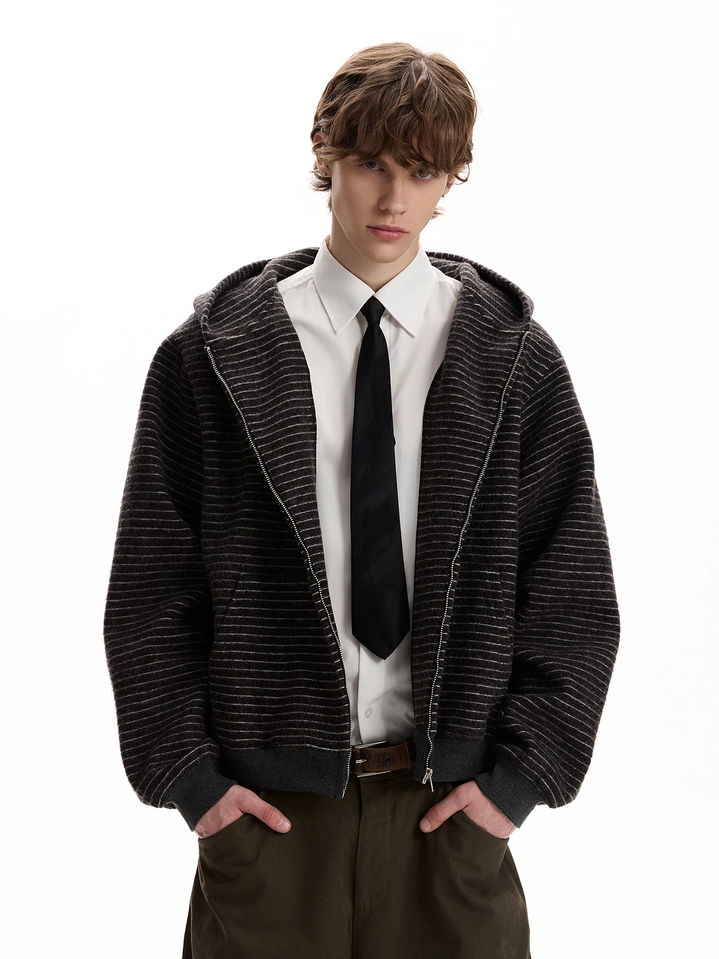 

Осенне-зимний американский полосатый кардиган с капюшоном из флиса, унисекс, в стиле ретро, с коротким рукавом, верхняя одежда