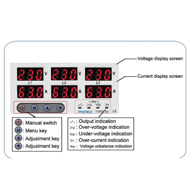 AC56-3 Phase DIN Rail Voltmeter Ammeter Automatic Overvoltage Overcurrent Protector AC 390‑500V