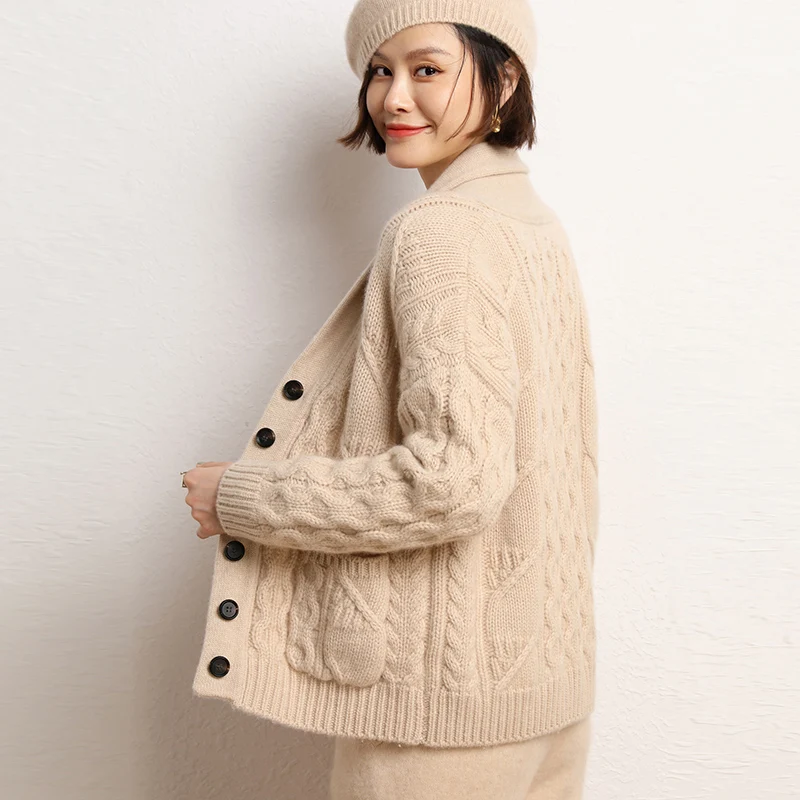 2023 Autumn Winter New 100% Cashmere Cardigan Knitted Sweater Women\'s Loose Large Size Cardigans Female Solid Thicken Warm Coat