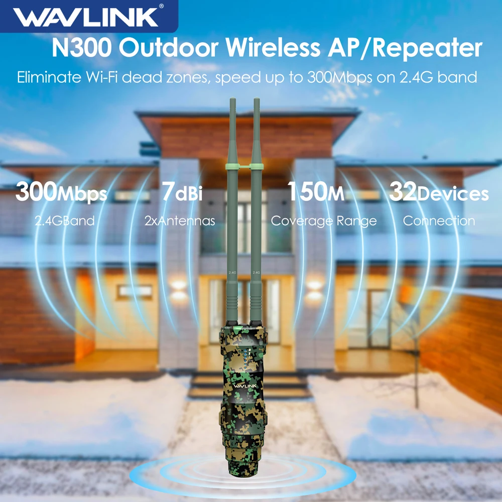 

WAVLINK Высокомощный уличный удлинитель Wi-Fi дальнего действия Беспроводной повторитель Wi-Fi/маршрутизатор/AP Водонепроницаемые 2x7dBi антенны с высоким коэффициентом усиления POE