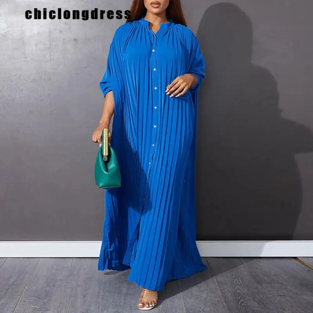 

Women's Casual Pleated Shirt Dress, Loose, Solid, Button, African, Spring, Summer, 2021