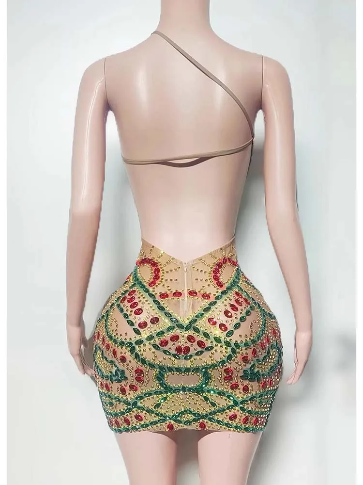 Abito con bretelle in rete trasparente con strass colorati di alta qualità 2025 Abbigliamento da donna personalizzato di nuova moda