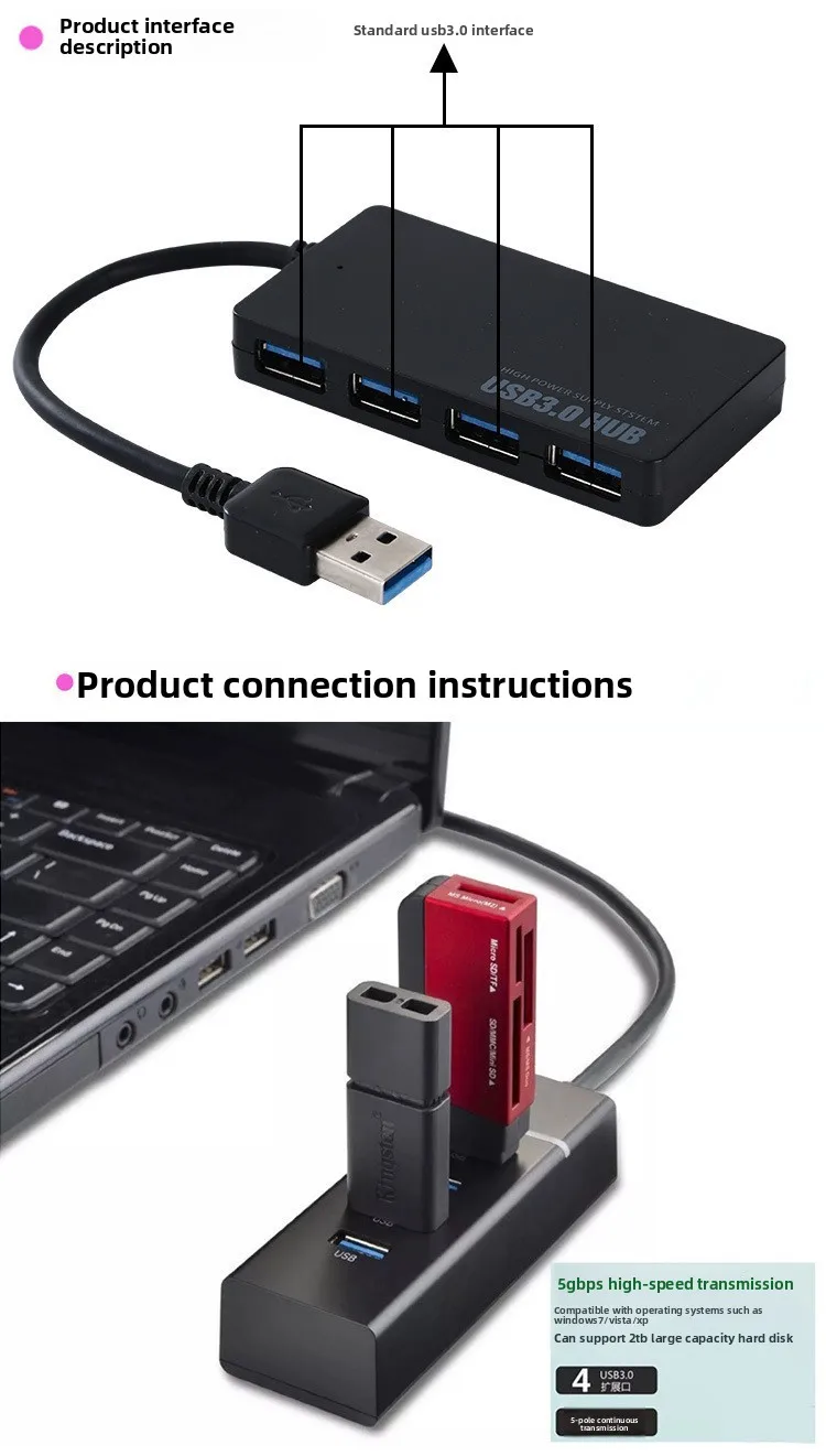 Ultraflacher 4-Port USB 3.0 Hub, Hochgeschwindigkeits-Splitter Eins-zu-Vier für Laptop PC, Stromversorgter USB-Erweiterer – Detail 3