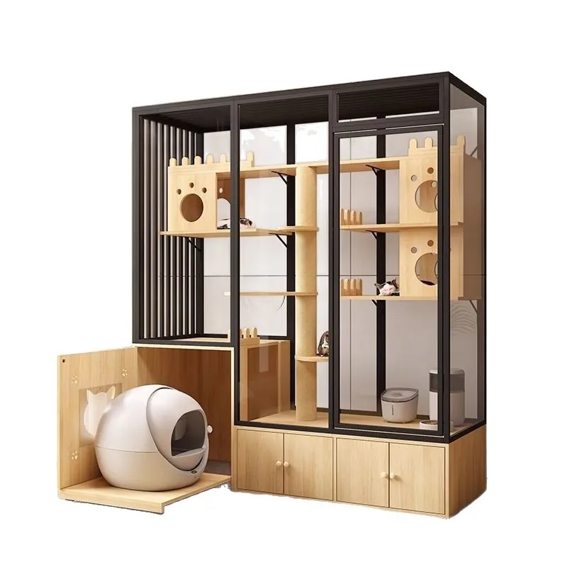 

Cat Villa Indoor Household Solid Wood Luxury Cat House Automatic Sandbox Glass Transparent