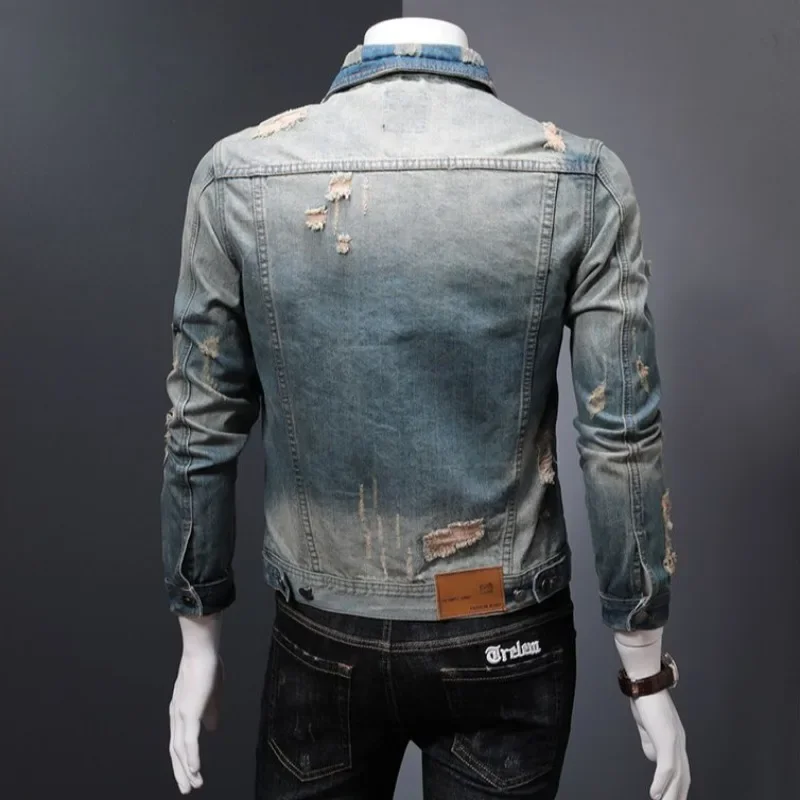 Autumn Men's Denim Jacket New In With Hole Male Jean Coats Ripped Fashion Casual Low Cost of Fabric Worn Clothing Fast Delvery