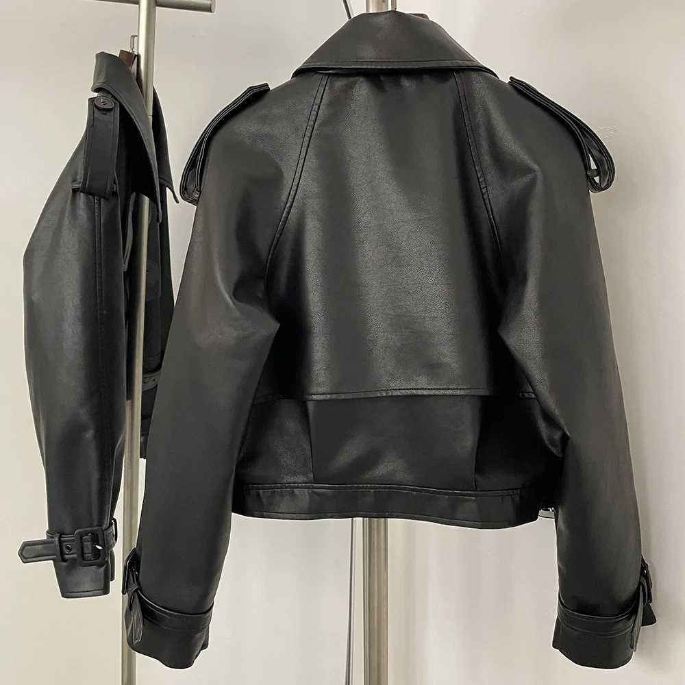 Otoño nueva chaqueta de piel sintética para mujer cuello vuelto con cinturón abrigo moda americana Vintage Moto Biker chaquetas de PU