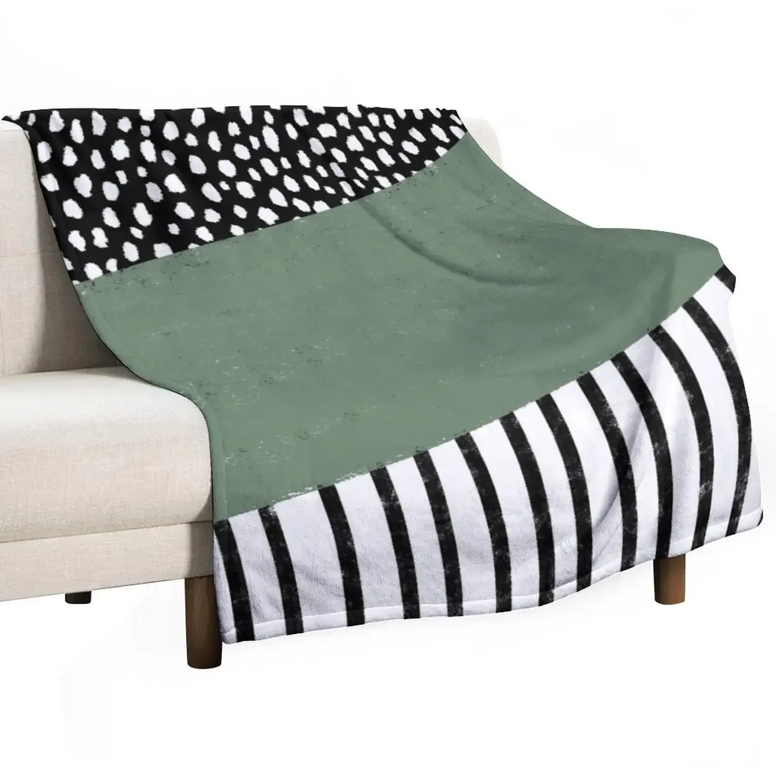 

Polka Dots and Stripes Pattern (black/white/sage green) Throw Blanket Stylish Warm Blanket for Living Room Bedroom