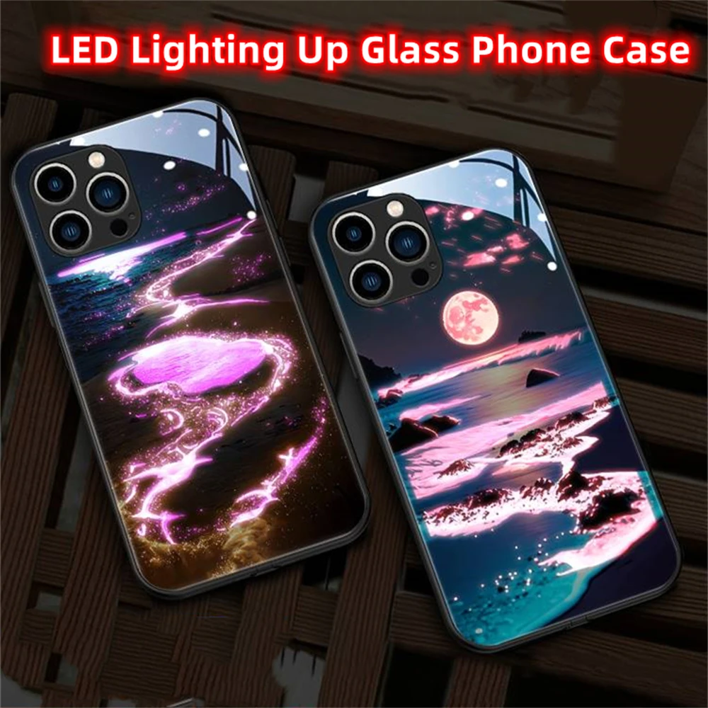 Glowing Meteor Beach Luminous Glass LED Call Light Up Flash Phone Case Cover For iPhone 16 15 14 13 12 11 Pro Max XR XS Plus SE