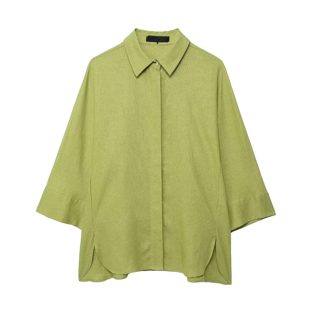 Tangada 2024 Women Green Cotton Linen Blouse Shirt Chic Female Loose Top 3H0200