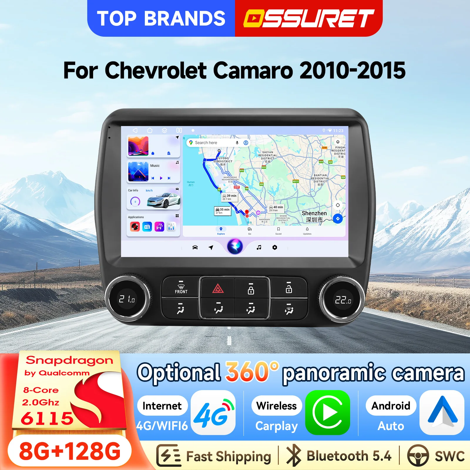 OSSURET Autoradio Android 14 Octa Core 2.0GHz 6115 le plus vendu pour Chevrolet Camaro 2010-2015, écran HD optimisé pour caméra panoramique 360° en option, image claire 1080P, vue aérienne 3D, CarPlay sans fil, Android Auto, système multimédia GPS audio TDA7851