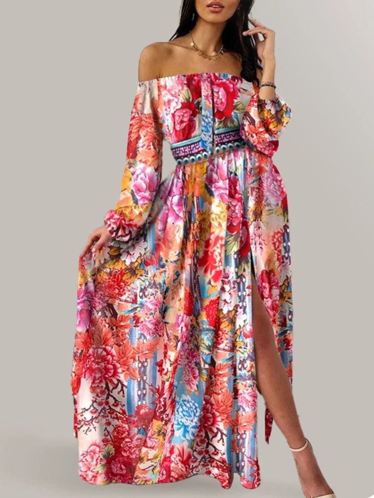 

2025 Summer New Women's Fashion Casual Dress Print Temperament Retro Long Sleeve Big Split Long Dress Lady