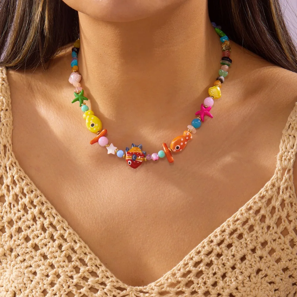 Fashion Dopamine Colored Irregular Ceramic Beaded Cartoon Little Fish Starfish Choker Necklace for Women Ocean Vacation Jewelry