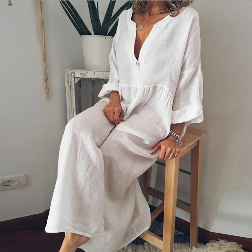 Robe longue en coton et lin pour femmes, couleur Pure, décontractée, chemise à manches courtes, vêtements de plage, Y2K, été, 2023