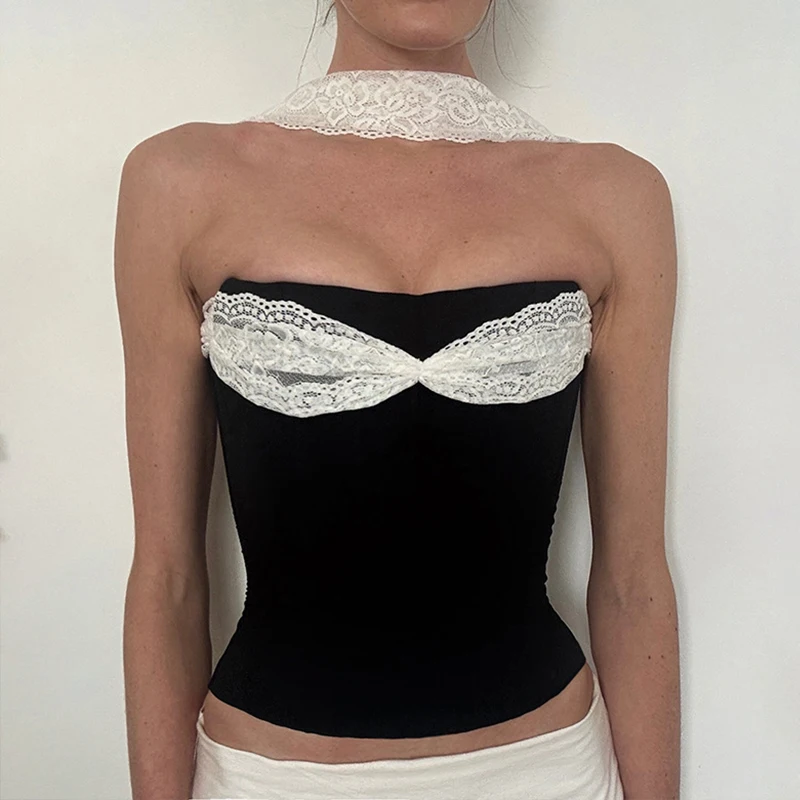 

OMSJ Party Club Летний шикарный кружевной топ без бретелек с лоскутными вставками, облегающий, эластичный, с вырезом халтер, с открытыми плечами и спиной, в стиле колор-блок